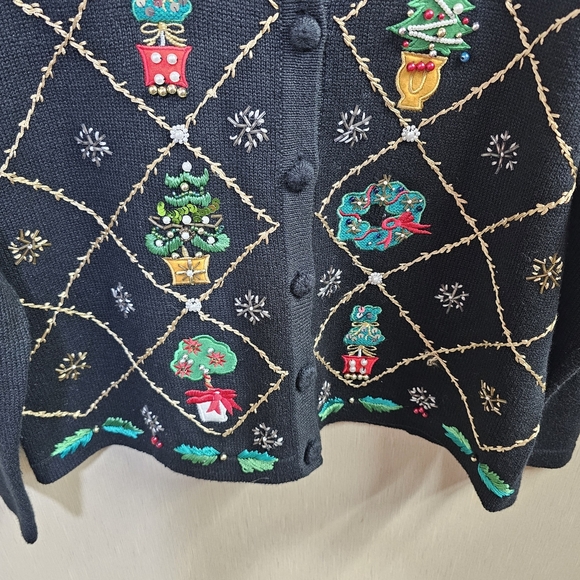 OHI Vintage Christmas Embroidered Cardigan Faux Fur Collar Button Front Size XL - Picture 5 of 14